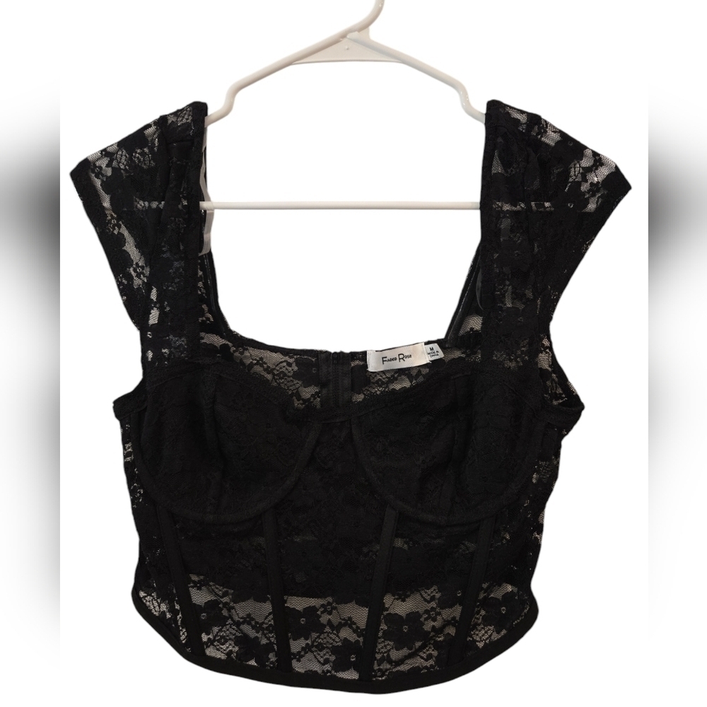 FADED ROSE LACE FLORAL BUSTIER CORSET TOP. SIZE MEDIUM (BLACK).